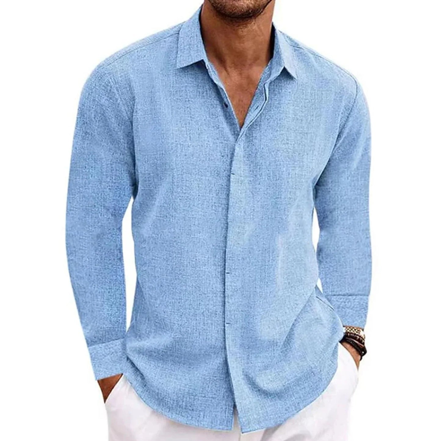 Men's Casual Cotton Linen Long Sleeve Shirt