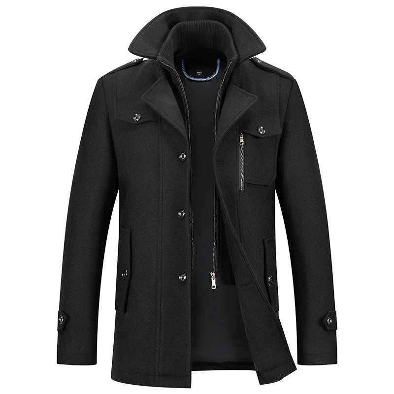 Men's Winter Thick Double-Layer Collar Wool Blend Coat